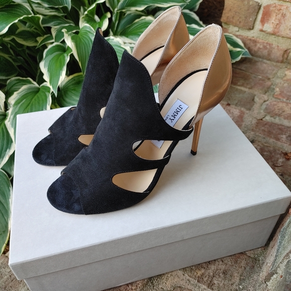 Jimmy Choo Tarine WITH BOX Suede Cutout Bootie Sandal, Black/Mirrored Nude 38.5 - Picture 6 of 16